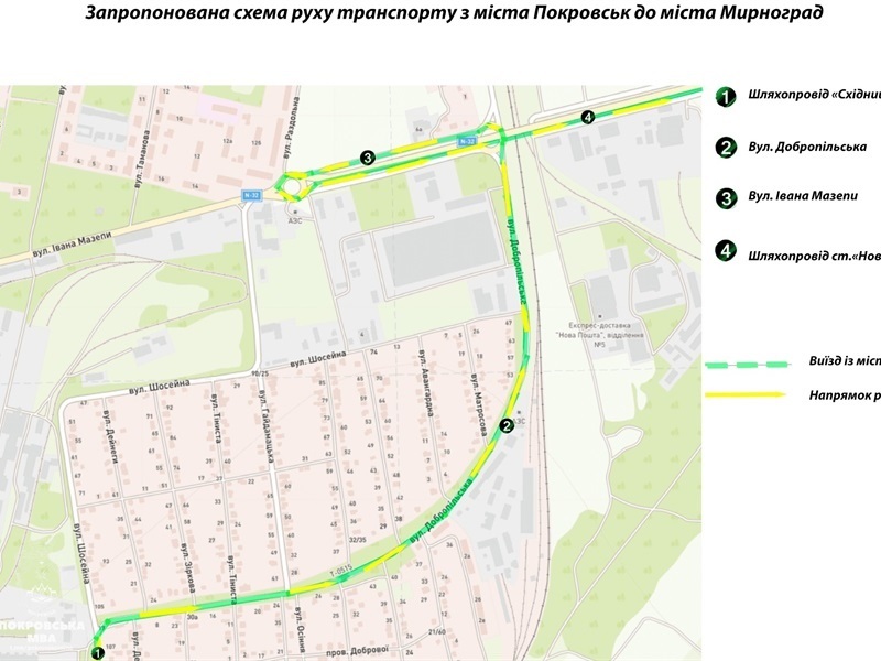 Схема руху з Покровська до Мирнограда